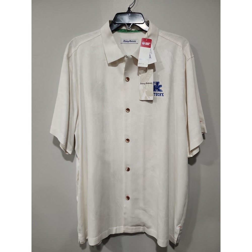 Tommy Bahama NWT Shirt Mens L University Of Kentucky Ivory 100% Silk Loop Collar